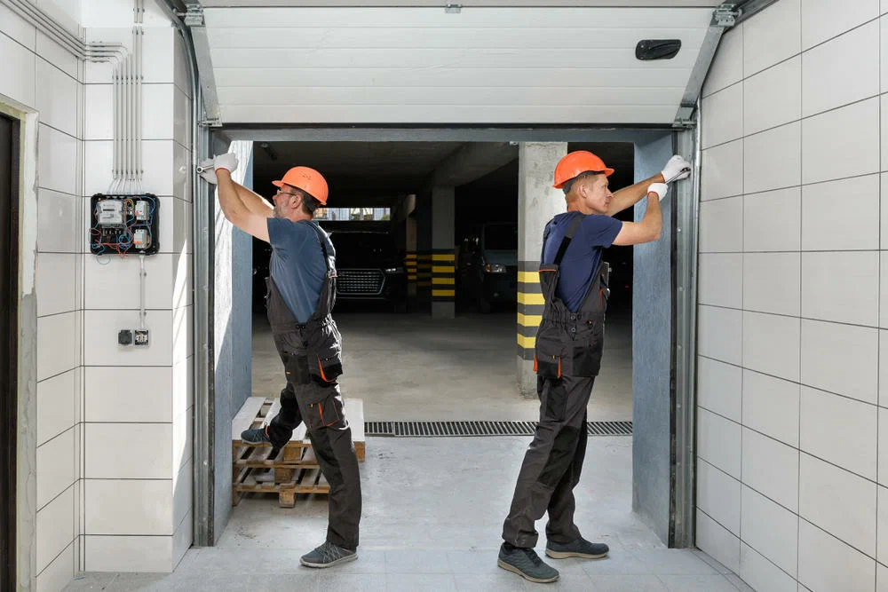 Technicians installing a garage door in a residential building