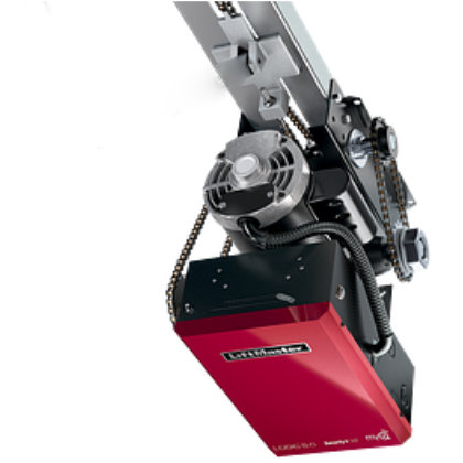 Red industrial garage door opener mounted on a ceiling track